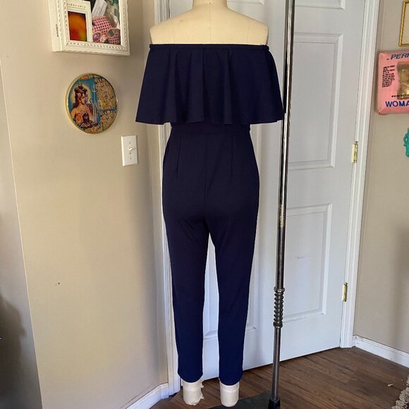 DYNAMITE Navy Cape Off-Shoulder MOD Skinny Leg ROMPER Jumpsuit *X-SMALL* - Picture 5 of 7
